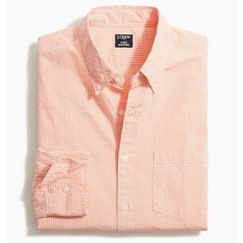 J Crew Factory Men's Flex Washed Slim Fit Long Sleeve Shirt Peach Gingham Sz XXL
